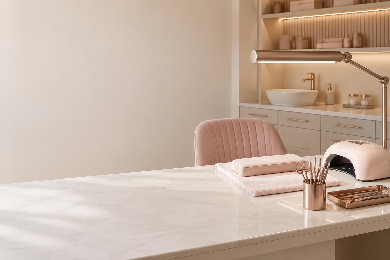 Mesa de manicura con lámpara profesional y herramientas organizadas en un espacio blush y marfil